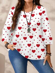 EMERY ROSE 大码女式休闲印花圆领宽松七分袖衬衫，秋冬季 - 紅白色 - 查看 4