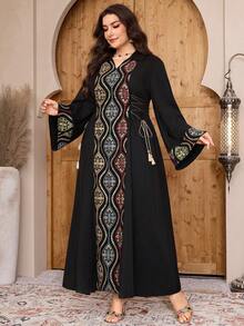 Al Najma Plus Size New Colorblock Patchwork Design Embroidery Cinched Elegant Dress - Multicolor - View 2