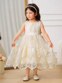 SHEIN Glamorique Kids Vestido de princesa para niñas, fiesta de cumpleaños, boda, fiesta, vestido de gala, decoración con lazo, malla bordada color albaricoque, para todas las estaciones, les hace verse talla grande lindas y juguetones, escenario, actuación, Oriente Medio, Europa - Albaricoque - Ver 4