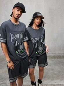 SHEIN How to Train Your Dragon Men's Casual Letter & Dragon Print Drop Shoulder T-Shirt And Shorts Set, Summer - Black - View 7