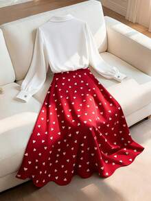 GlowEve CURVE Conjunto de 2 piezas de blusa de manga larga elegante y romántica con falda con forma de corazón para mujer - Multicolor - Ver 2