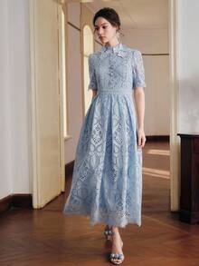 Anewsta 浅蓝色刺绣中长款女式连衣裙，新款春夏短袖连衣裙，水溶性蕾丝，优雅连衣裙 - 淺藍色 - 查看 5