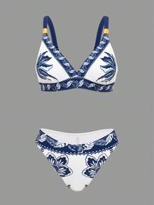 Swim Oasis White And Blue Floral Summer Boho Holiday Plant Print Spaghetti Strap Bikini Set With Cover Up Skirt,3-Piece Set,Elegant Swimwear For Women,Pool Party - Multicolor - View 4