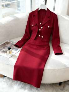 Elenzga 女士珍珠纽扣装饰连衣裙和翻领单排扣长袖外套休闲套装，适合派对、商务、外出等场合 - 酒紅色 - 查看 2