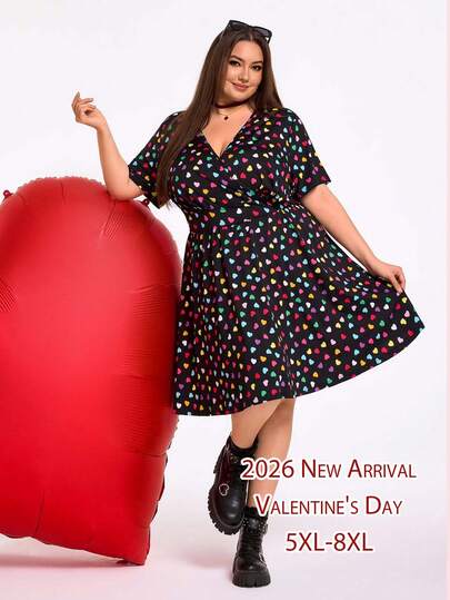 SHEIN CURVE+ CURVE PLUS /Valentine's Day/Plus Size Valentine's Day Costume With Colorful Heart Print V-Neck Plus Size Dress