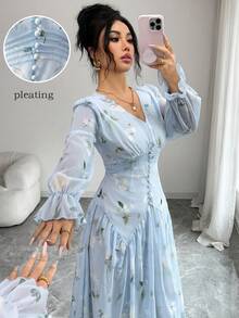 Modelyn V-Neck Ruched Lantern Sleeve Women's Dress - Blue - View 1