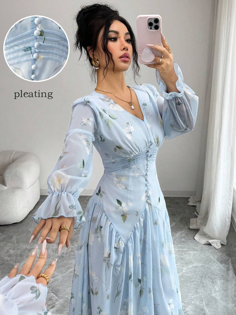 Modelyn V-Neck Ruched Lantern Sleeve Women's Dress - Blue - View 1