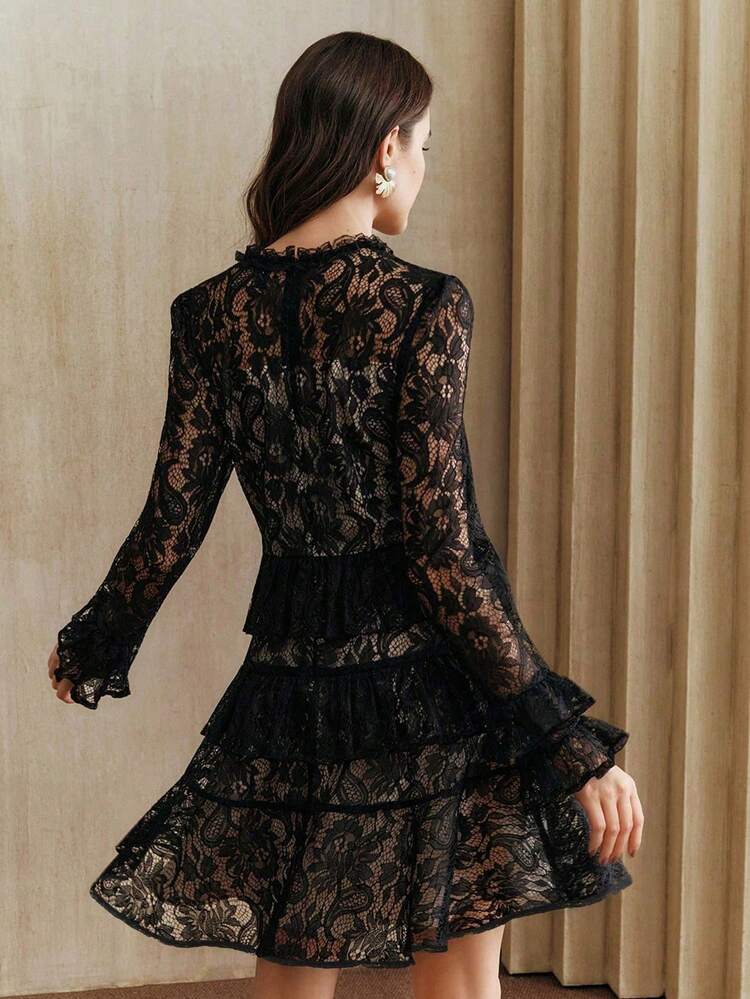 Elegant Women's Lace Ruffle Pleated Splice Sexy Lace Dress, Round Neck Long Sleeve Dress, Elegant Commuting Dress, Floral Pattern, May Not Match Product Image Exactly, Suitable For Fall, Winter, Spring, New Year, Party, Wedding, Chic, Stylish, Formal, Work, Thanksgiving, Graduation, Christmas, Festival
