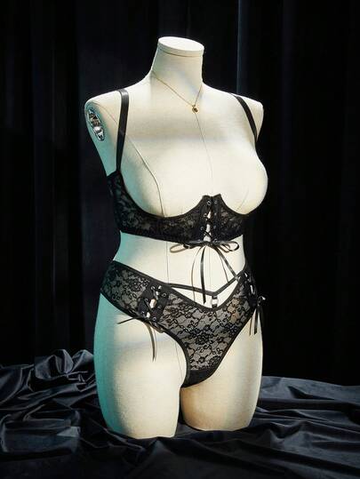 SpicyHot Plus Size Extremely Sexy Series Lace Drawstring Design Wireless Lingerie Set