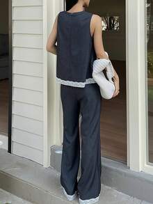 DAZY 女士撞色蕾丝圆领吊带背心和喇叭裤两件套 - 藍色 - 查看 4