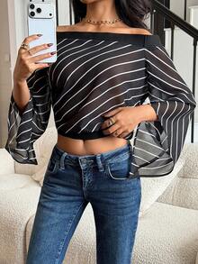 Siren Gaze Women's Striped Off-Shoulder Fashionable Versatile Commuting Long Sleeve Top - Black - View 6