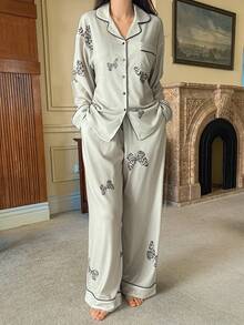 DAZY Schmetterlingsmuster Kontrastfarben Saum Locker Sitzender Damen Pyjama Set - Grau - Übersicht 6