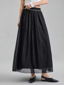 Ontre Chân váy vải dệt dành cho nữ, mẫu mới Xuân/Hè 2026, lãng mạn cho ngày Valentine, mùa cưới, tiệc tùng, thiết kế xếp ly, màu đen, dáng chữ A, thời trang và đa năng. - màu đen - Xem 8