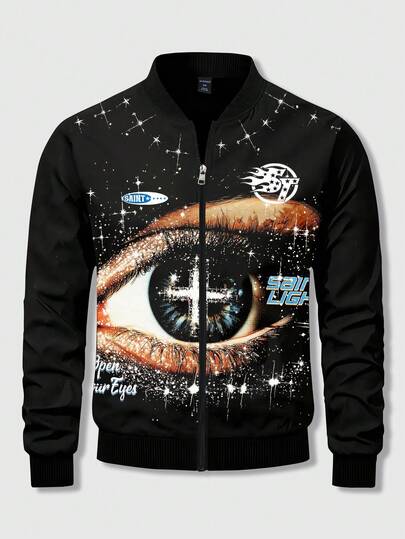Unisex Casual Printed Zip-Up Jacket, Street Style