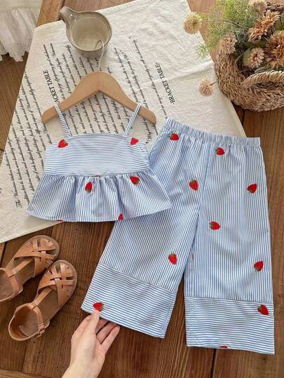 SHEIN Babygirl Casual Cute Vacation Striped Strawberry Print Camisole And Elastic Waist Pants Set
