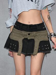 ROMWE Grunge Punk Y2K Punk 2 In 1 Vintage Rivet Decor Low Waist Women Denim Mini Skirt Club Night Out Black Summer - Grey - View 1