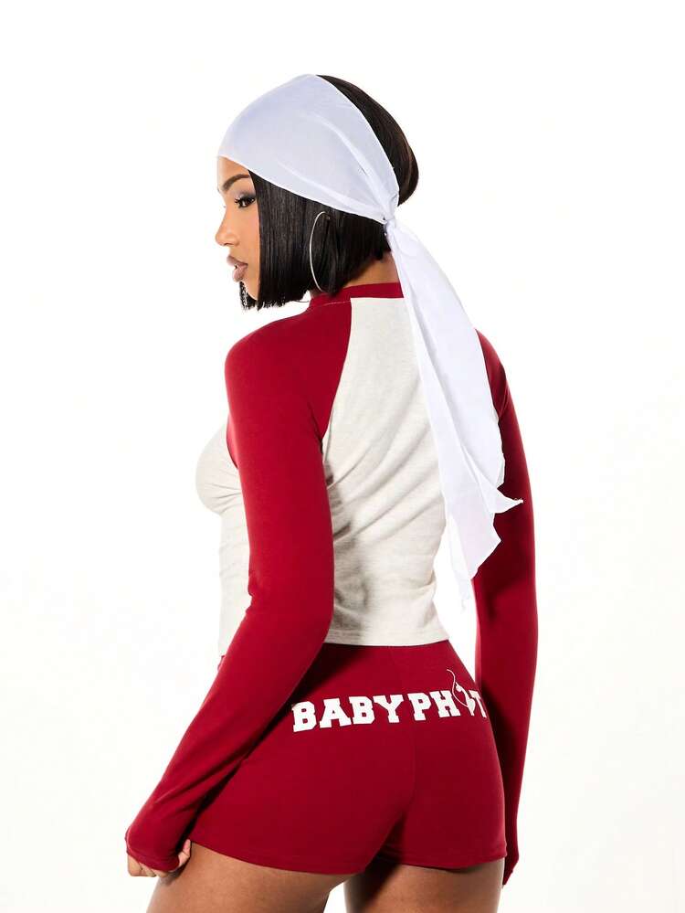 BABYPHAT Women's Long Sleeve Raglan T-Shirt With Logo Print Casual Cotton Blend Top Crew Neckline Women's Shorts Sets Long Sleeve Two Pieces Set 2 Pieces Lounge Sets Woman 2 Pieces Shorts Set Comfortable Two Pieces Set