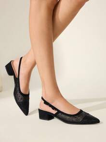 CUCCOO CHICEST Women's Pointed Toe Low Heel Black Polka Dot Mesh Elegant Breathable Slip-On Pumps Valentine's Day Elegant Shoes - Black - View 9