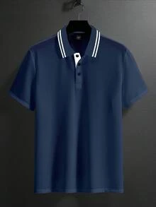 Manfinity Homme Men's Striped Short Sleeve Casual Commuter Polo Shirt - Navy Blue - View 3