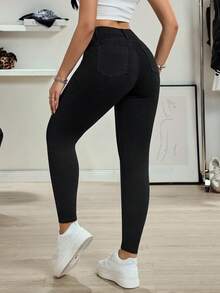 Selenza Jeans de cintura alta, delgados, casuales y versátiles de unicolor - Negro - Ver 7