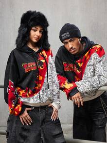 SHEIN HOT STUFF Men's 1pc Flame & Cartoon Graphic Pullover Drawstring Hoodie - Black and White - View 3