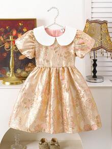 SHEIN 女童碎花束腰泡泡袖连衣裙，优雅派对礼服，泡泡袖设计，适合所有季节 - 粉色 - 查看 9