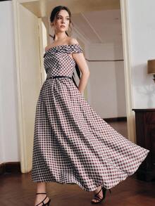 Anewsta Vintage Plaid Print Off Shoulder Cinched Waist A-Line Dress For Women,Collegiate Retro Checkered Summer Dress,Navy And White,Dining Vacation Style - Multicolor - View 6