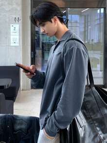 DAZY 男士休闲百搭长袖蓝色Polo衫，春季 - 藍色 - 查看 7