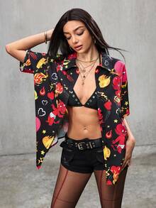 HOT STUFF X SHEIN Áo sơ mi nữ tay ngắn dáng rộng, in họa tiết toàn thân, cài cúc phía trước, thích hợp cho mùa hè. - màu đen - Xem 1