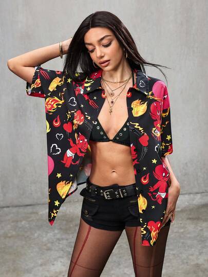HOT STUFF X SHEIN Camisa suelta de manga corta con botones frontales y estampado total, para mujer, de verano