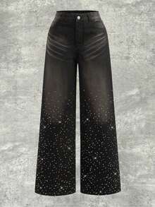 Y2Kool Casual Sexy Urban Icon Chic Y2K Modern Minimalist Fashion Women Rhinestone Embellished , Suitable For Outings, Travel, Daily, Vacation, Party, Spring/Summer Cotton Denim Jeans Wide Leg Rhinestone Jeans Bling Jeans Glitter Jeans Wide Leg Jeans Baggy Jeans Y2k - Multicolor - View 7