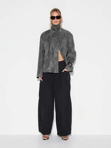 KIZN Oversized Faux Leather Field Jacket With Collar And Zip Front Closure For Fall Winter Outerwear - Dark Grey - View 3