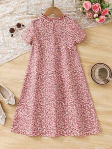 SHEIN Young Girl Ditsy Floral Chiffon Tassel Trim Round Neck Casual Dress Loungewear - Pink - View 2