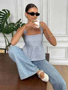 Serisse 夏季新款条纹露背蝴蝶结吊带背心 - 藏蓝色 - 查看 2