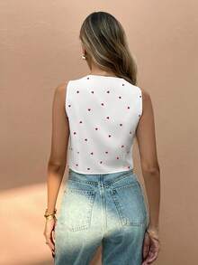 SHEIN Frenchy 女士心形印花V领前开襟纽扣无袖衬衫 - 紅色 - 查看 2