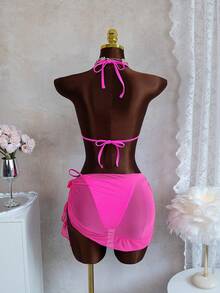 Swim SXY New Fashionable 3pcs/Set 3D Orchid Halter Bikini Top, Tie-Up Triangle Bottoms, Ruffle Mesh Mini Skirt Swimsuit Set (Flower Pattern Random) - Hot Pink - View 2