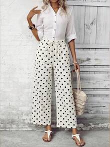 EMERY ROSE Polka Dot Print Tie-Front Casual Versatile Jeans With Slant Pockets - Apricot - View 3