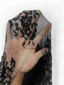 Elenzga 大码女式竹编网纱拼接蕾丝圆领长袖扭结露背镂空双面穿衬衫，优雅适合外出、约会、派对、度假、防晒 - 黑色 - 查看 9