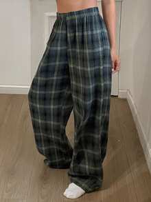 Livesso Loose Straight Elastic Waist Women's Plaid Pajama Pants, Loungewear - Green - View 3