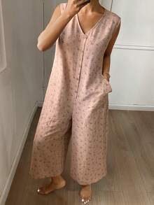 DAZY Ditsy Floral Sleeveless Loose Women's Jumpsuit Pajamas - Khaki - View 1