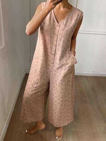 DAZY Ditsy Floral Sleeveless Loose Women's Jumpsuit Pajamas