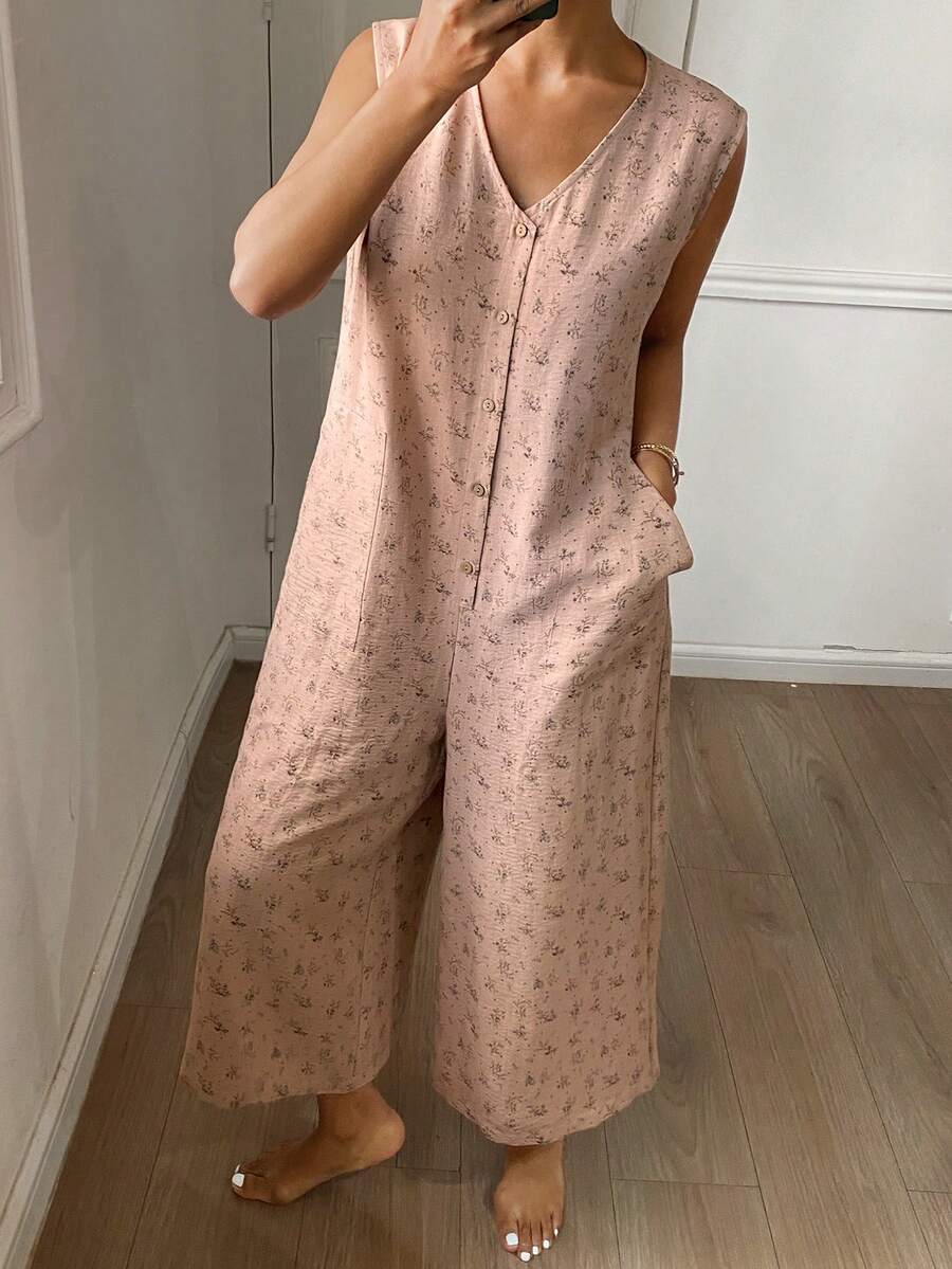 DAZY Ditsy Floral Sleeveless Loose Women's Jumpsuit Pajamas - Khaki - View 1