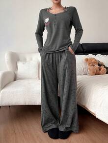 DAZY 卡通熊印花蕾丝拼接蝴蝶结装饰女士睡衣套装 - 灰色 - 查看 7