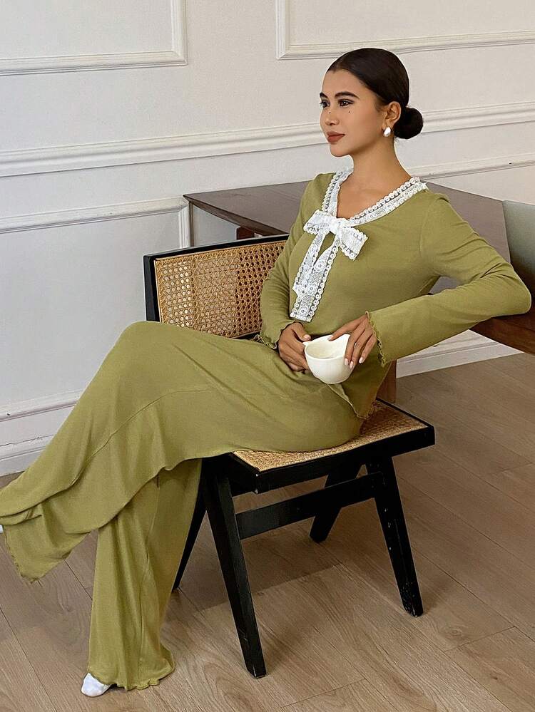 Green Patchwork Contrast Color Lace Trim Tie Neck Comfortable Knit Women Pajama Set