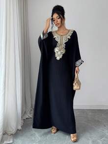 Elenzga Contrast Guipure Lace Batwing Sleeve Maxi Dress - Black - View 6