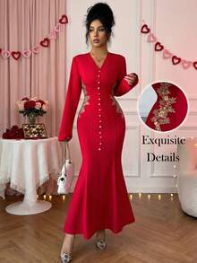 Elenzga Vestido de mujer con cuello en V, cintura ceñida y bajo de cola de sirena con decoración floral, vestido largo romántico para el Día de San Valentín - Rojo - Ver 3