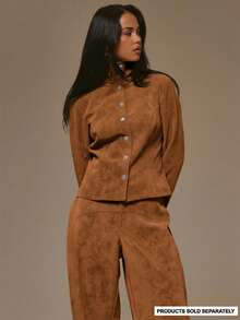 MUSERA High Night Suede Look Fitted Seam Detail Popper Button Through Jacket Cool Girl, Streetstyle, Cute, , , Winter - Brown - View 2