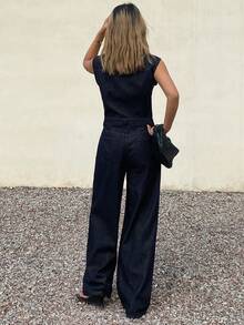 DAZY Women's V-Neck Sleeveless Waist Cinched Loose Straight Leg Washed Denim Jumpsuit, Casual City Style Vacation - Dark Wash - View 5