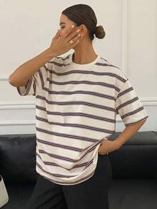 DAZY 女士休闲宽松条纹圆领短袖T恤，夏季Y2K - 白色 - 查看 5