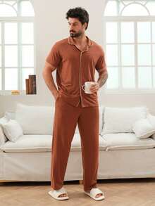 DAZY Herrset med bruna kontrastrandiga loungewear-plagg, vår/sommar - Brun - Visa 5
